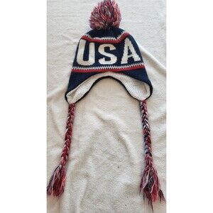 American Crown USA Knit Trapper Hat Pennsylvania Pom Ear Flap Tassel One Size